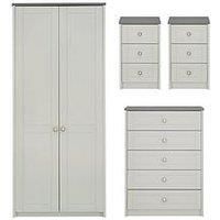 One Call Alderley Ready Assembled 4 Piece Package - 2 Door Wardrobe, Chest Of 5 Drawers And 2 Bedside Chests