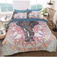Sleepdown Elephant Mandala Pink/Blue Bed Reversable Quilt Duvet Cover Set Easy Care Anti-Allergic Soft & Smooth with Pillow Cases, Polyester, Cotton, Single