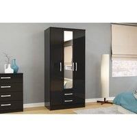 Birlea Lynx 3 Door Wardrobe with 2 Drawers & Mirror - Black Gloss