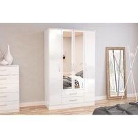Birlea Lynx 4-Door 2 Drawer Wardrobe with Mirror - High Gloss, White