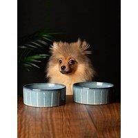 Scruffs Ceramic Heavy Duty Reactive Glaze Pet Bowls - 2pc Set - Grey Pinstripe - 13cm