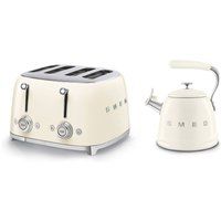 Smeg WKF01, TSF03 Whistling Stovetop Kettle & 4-Slice Toaster Set in Cream