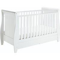 Babymore Stella Sleigh Cot Bed Drop Side with Drawer | Solid Pine Wood |Converts into Day Bed, Toddler Bed | Teething Rail (White)