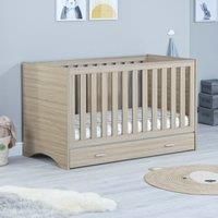 Babymore Veni Nursery Cot Bed - Converts into a Toddler Bed (With Drawer, Oak)