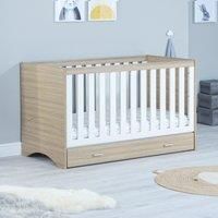 Babymore Veni Nursery Cot Bed - Converts into a Toddler Bed (With Drawer, White & Oak )