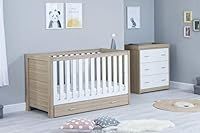 Babymore Luno Nursery Furniture Set (2 Piece) | Convertible Baby Cot Bed and Chest of Drawers Changer (White & Oak, Cot Bed with Drawer)