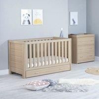 Babymore Luno Nursery Furniture Set (2 Piece) | Convertible Baby Cot Bed and Chest of Drawers Changer (White & Oak, Cot Bed with Drawer)