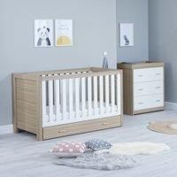 Babymore Luno Nursery Furniture Set (2 Piece) | Convertible Baby Cot Bed and Chest of Drawers Changer | Solid Wood Furniture (Oak, Cot Bed with Drawer)