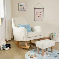 Babymore Ida Nursing Chair with Footstool in Bouclé - Elegant Rocking Chair for Timeless Comfort With Sturdy Wooden Legs, Gentle Rocking Motion, Supportive Back, Soft Fabric & Stylish Armrests