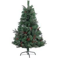 SHATCHI Big Large 5ft Pre Artificial Christmas Tree with Frosted Tips, Red Pine Cones and Barriers Xmas Decorations 150cm, Green, 5 feet