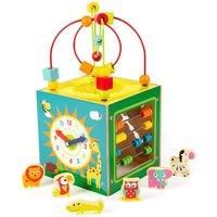 boppi 5 in 1 Large Wooden Activity Cube 2-Way Bead Maze Roller Coaster Sensory Baby Toy with Abacus Clock Animal Shape Sorter and Slider Multifunction Educational Play Box 2 Years and Up