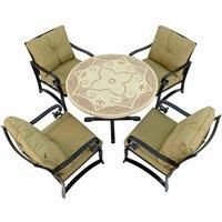 Byron Manor Provence Garden Table with 4 Windsor Deluxe Lounge Chair Set, Marble Stone, Beige, Gold, Dark Brown, 110cm