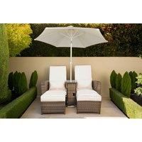 Nevada Rattan Double Recliner Garden Sun Lounger Chair Set with Parasol & Cover