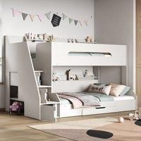 Flair Furnishings Triple Bunk Bed - Wooden Bunk Bed With Staircase Cabinets & Underbed Pull Out Drawer - Slatted Base Loft Beds Perfect For Children Sleep