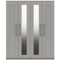 One Call Furniture Avignon 4 Door Wardrobe With Two Mirrors Ready Assembled Light Grey, Grey