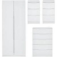 Monaco Ready Assembled 4 Piece Gloss Package  2 Door Mirrored Wardrobe, 5 Drawer Chest And 2 Bedside Chests