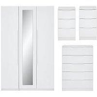 Monaco Part Assembled 4 Piece Gloss Package  3 Door Mirrored Wardrobe, 5 Drawer Chest And 2 Bedside Chests