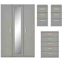 Sanford Part Assembled High Gloss 4 Piece Package  3 Door Mirrored Wardrobe, Chest Of 5 Drawers And 2 Bedside Chests