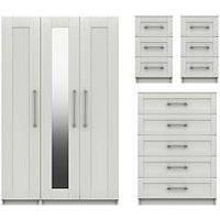 Regal Package - Part Assembled 3 Door Mirrored Wardrobe, 5 Drawer Chest And 2 Bedside Chests