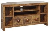 Jakarta Mango Dark Wood Effect Corner TV Stand 3 Drawers Shelf - Seconds