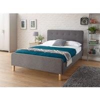 Modern High Headboard Buttoned Grey Fabric Light Oak Effect Leg King 5FT Bed
