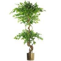 Japanese Fruticosa Ficus Tree Gold Planter 150cm Twisted Trunk Artificial