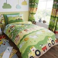 HLC Childrens Boys Girls Farm Animals Green Reversible Duvet Cover Curtains