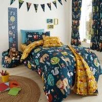 Happy Linen Company Girls Boys Kids Woodland Friends Animals Navy Blue Double Reversible Duvet Cover Bedding Set