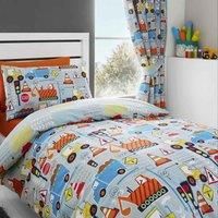 Happy Linen Company Girls Boys Kids Big Digger Trucks Grey 66" x 72" Ring Track Pole Fully Lined Thermal Blackout Pencil Pleat Curtain Set
