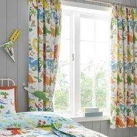 Happy Linen Company Girls Boys Kids Cute Dinky Dinosaurs White 66" x 72" Ring Track Pole Fully Lined Thermal Blackout Pencil Pleat Curtain Set