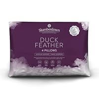 Slumberdown Duck Feather Pillows 4 Pack - Hotel Quality Made in the UK Medium Firm Bed Pillow for Back Pain Relief - Comfortable, 100% Luxury Cotton Cover, Hypoallergenic Natural Pillows (48 x 74cm)