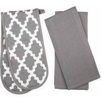 Penguin Home Oven Glove & Tea Towel Set - 100 % Cotton - Soft & Durable (3 Piece Set, Diamond Grey)