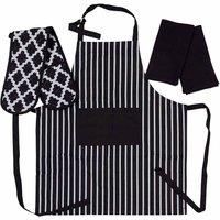 Penguin Home Apron, Double Oven Glove and 2 Kitchen Tea Towels Set-100% Soft, Durable, Heat Resistant & Super Absorbent, Cotton, Black/White, 70 X 90, 18 X 90, 45X 65 cm