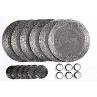 Penguin Home® Glass Beaded, Coasters and Napkin Rings-Antique Silver Colour-Round Placemats-Handcrafted by Skilled Indian artisans-Diameter-32 cm (13"), Set of 18