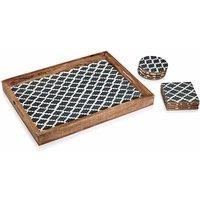 Penguin Home Set of Serving Tray and Matching Coasters - Grey with White Checked Design - Serving Tray for Tea/Coffee and Food (40x30x4 cm) with 8 Square and Round coasters (10x10 cm)