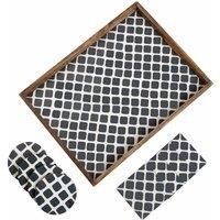 Penguin Home Set of Serving Tray and Matching Coasters - Black and White Moroccan Texture - Serving Tray for Tea/Coffee and Food (40x30x4 cm) with 8 Square and Round coasters (10x10 cm)