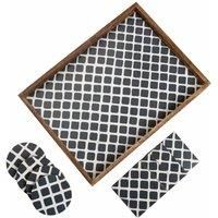 Penguin Home Set of Serving Tray and Matching Coasters - Charcoal and White Moroccan Texture - Serving Tray for Tea/Coffee and Food (40x30x4 cm) with 8 Square and Round coasters (10x10 cm)