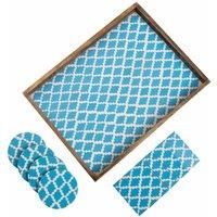 Penguin Home Set of Serving Tray and Matching Coasters - Aqua Blue with White Checked Design - Serving Tray for Tea/Coffee and Food (40x30x4 cm) with 8 Square and Round coasters (10x10 cm)