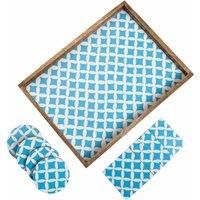 Penguin Home Set of Serving Tray and Matching Coasters - Aqua Blue and White Diamond Design - Serving Tray for Tea/Coffee and Food (40x30x4 cm) with 8 Square and Round coasters (10x10 cm)