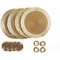 Penguin Home® Set of 12 Glass Beaded Placemats, Coasters and Napkin Rings - Gold Colour - Round Placemats - Handcrafted by skilled Indian artisans - Diameter - 32 cm (13"), 3744