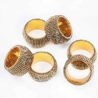 Penguin Home® Set of 6 Handcrafted Glass Beaded Napkin Rings |Antique Gold Colour| Classic Round Napkin Ring Holder Set for Dining Wedding Party Table Settings Decorations|Diameter : 5cm| Height : 3cm