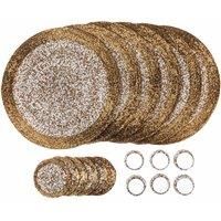 Penguin Home® Set of 18 Glass Beaded Placemats, Coasters and Napkin Rings - Gold and White Colour - Round Placemats - Handcrafted by skilled Indian artisans - Diameter - 32 cm (13")