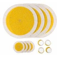Penguin Home® Set of 12 Glass Beaded Placemats, Coasters and Napkin Rings - Yellow and White Colour - Round Placemats - Handcrafted by Skilled Indian artisans - Diameter - 32 cm (13")