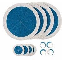 Penguin Home® Set of 12 Glass Beaded Placemats, Coasters and Napkin Rings - Blue and White Colour - Round Placemats - Handcrafted by skilled Indian artisans - Diameter - 32 cm (13")