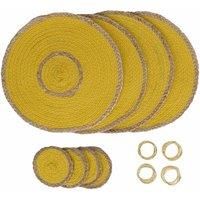 Penguin Home® Set of 12 Jute Placemats, Coasters and Napkin Rings - Yellow Colour - Round Placemats - Handcrafted by Skilled Indian artisans - Diameter - 32 cm (13")