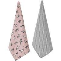 Penguin Home® Set of 2 Tea Towels | Recycled cotton |Eco Friendly |Sustainable|Plain Woven & Printed Kitchen Towels |YD Plain Weave Stripe Print|Size-50x70 cm|Colour-Grey & Pink|Dish Towels |