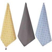 Penguin Home® Set of 3 Tea Towels | Recycled cotton |Eco Friendly |Sustainable| kitchen towels with tassels on both corner|Size-50x70 cm|Colour-Grey,Ochre & Blue|Dish Towels |