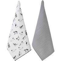 Penguin Home® Set of 2 Tea Towels | Recycled cotton |Eco Friendly |Sustainable|Plain Woven & Printed Kitchen Towels |with pompom lace|Size-50x70 cm|Colour-White,Grey & Black|Dish Towels |