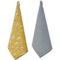 Penguin Home® Set of 2 Tea Towels | Recycled cotton |Sustainable|Plain Woven & Printed Kitchen Towels |with pompom lace at bottom|Size-50x70 cm|Colour-Mustard,Grey & Black|Dish Towels |