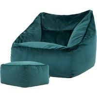 icon Natalia Velvet Lounge Chair Bean Bag and Footstool, Teal Green, Giant Bean Bag Velvet Chair, Large Bean Bags for Adult with Filling Included, Accent Chair Living Room Furniture
